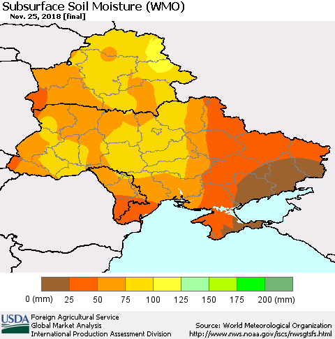 Ukraine, Moldova and Belarus Subsurface Soil Moisture (WMO) Thematic Map For 11/19/2018 - 11/25/2018