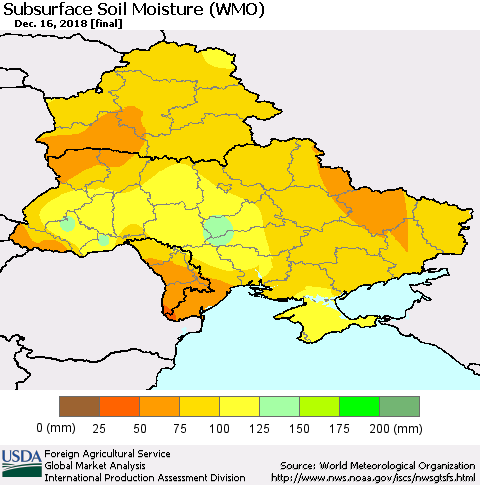 Ukraine, Moldova and Belarus Subsurface Soil Moisture (WMO) Thematic Map For 12/10/2018 - 12/16/2018
