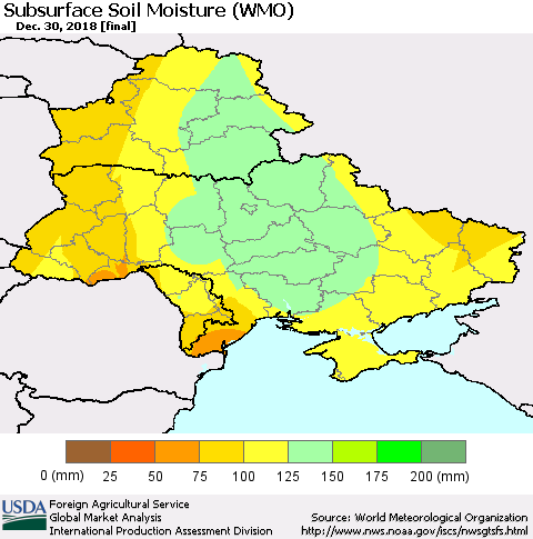 Ukraine, Moldova and Belarus Subsurface Soil Moisture (WMO) Thematic Map For 12/24/2018 - 12/30/2018