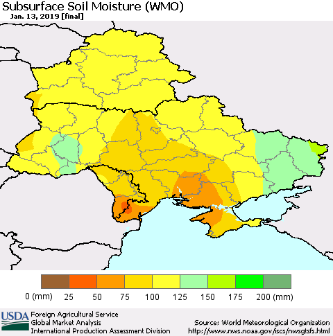 Ukraine, Moldova and Belarus Subsurface Soil Moisture (WMO) Thematic Map For 1/7/2019 - 1/13/2019