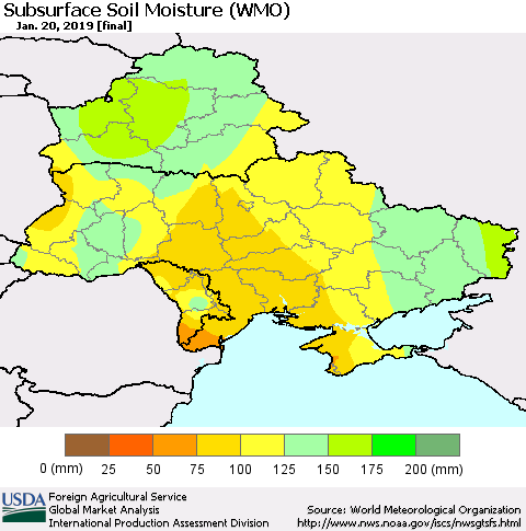 Ukraine, Moldova and Belarus Subsurface Soil Moisture (WMO) Thematic Map For 1/14/2019 - 1/20/2019