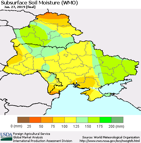 Ukraine, Moldova and Belarus Subsurface Soil Moisture (WMO) Thematic Map For 1/21/2019 - 1/27/2019