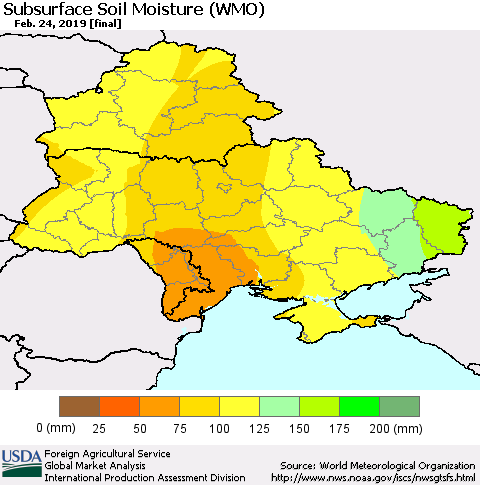 Ukraine, Moldova and Belarus Subsurface Soil Moisture (WMO) Thematic Map For 2/18/2019 - 2/24/2019
