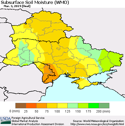 Ukraine, Moldova and Belarus Subsurface Soil Moisture (WMO) Thematic Map For 2/25/2019 - 3/3/2019