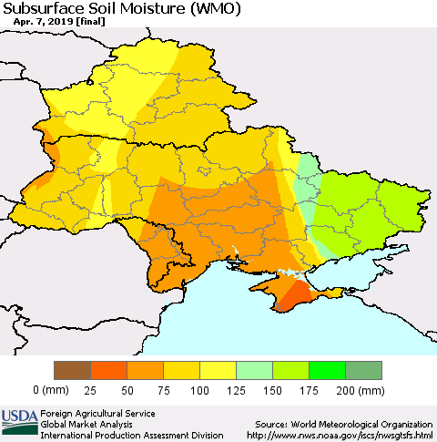 Ukraine, Moldova and Belarus Subsurface Soil Moisture (WMO) Thematic Map For 4/1/2019 - 4/7/2019