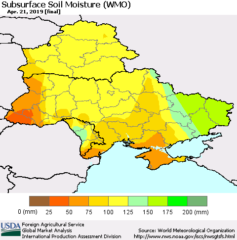 Ukraine, Moldova and Belarus Subsurface Soil Moisture (WMO) Thematic Map For 4/15/2019 - 4/21/2019