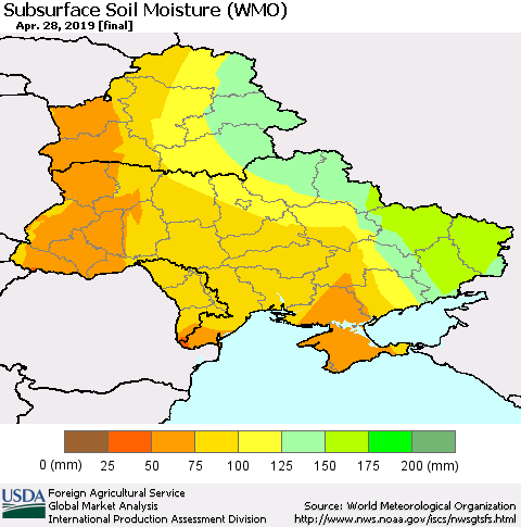 Ukraine, Moldova and Belarus Subsurface Soil Moisture (WMO) Thematic Map For 4/22/2019 - 4/28/2019