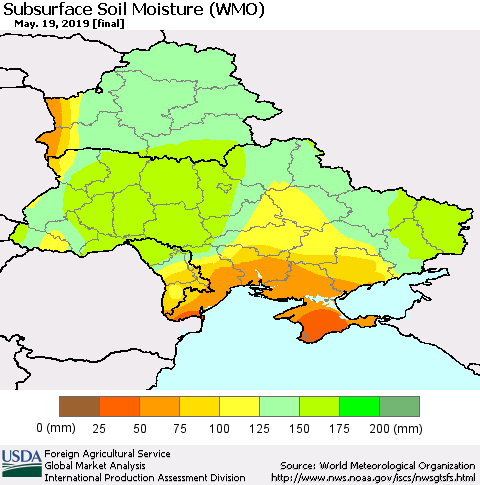 Ukraine, Moldova and Belarus Subsurface Soil Moisture (WMO) Thematic Map For 5/13/2019 - 5/19/2019