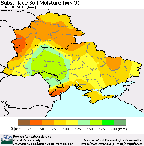 Ukraine, Moldova and Belarus Subsurface Soil Moisture (WMO) Thematic Map For 6/10/2019 - 6/16/2019