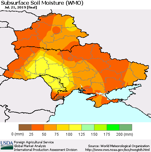 Ukraine, Moldova and Belarus Subsurface Soil Moisture (WMO) Thematic Map For 7/15/2019 - 7/21/2019