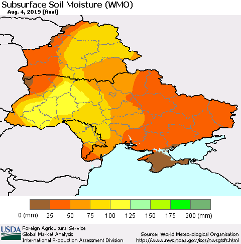 Ukraine, Moldova and Belarus Subsurface Soil Moisture (WMO) Thematic Map For 7/29/2019 - 8/4/2019