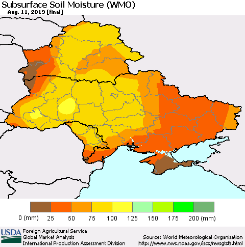Ukraine, Moldova and Belarus Subsurface Soil Moisture (WMO) Thematic Map For 8/5/2019 - 8/11/2019