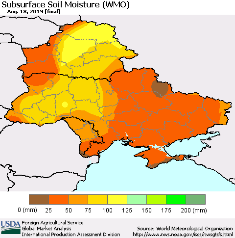 Ukraine, Moldova and Belarus Subsurface Soil Moisture (WMO) Thematic Map For 8/12/2019 - 8/18/2019