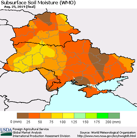 Ukraine, Moldova and Belarus Subsurface Soil Moisture (WMO) Thematic Map For 8/19/2019 - 8/25/2019