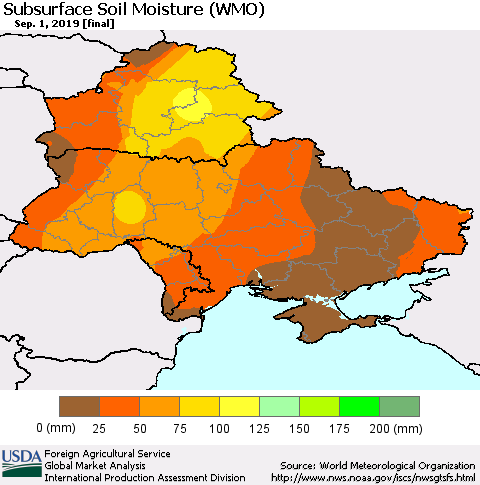 Ukraine, Moldova and Belarus Subsurface Soil Moisture (WMO) Thematic Map For 8/26/2019 - 9/1/2019