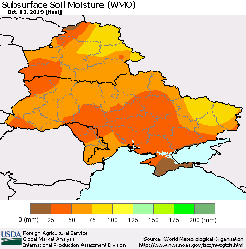 Ukraine, Moldova and Belarus Subsurface Soil Moisture (WMO) Thematic Map For 10/7/2019 - 10/13/2019