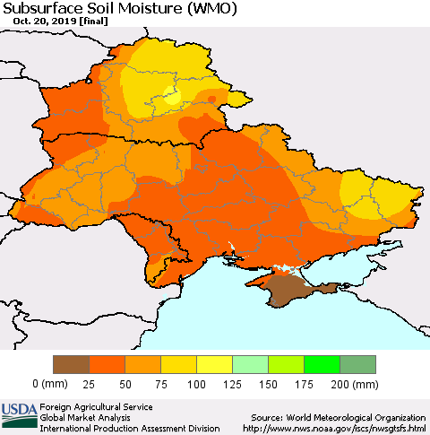 Ukraine, Moldova and Belarus Subsurface Soil Moisture (WMO) Thematic Map For 10/14/2019 - 10/20/2019