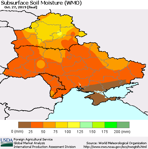 Ukraine, Moldova and Belarus Subsurface Soil Moisture (WMO) Thematic Map For 10/21/2019 - 10/27/2019