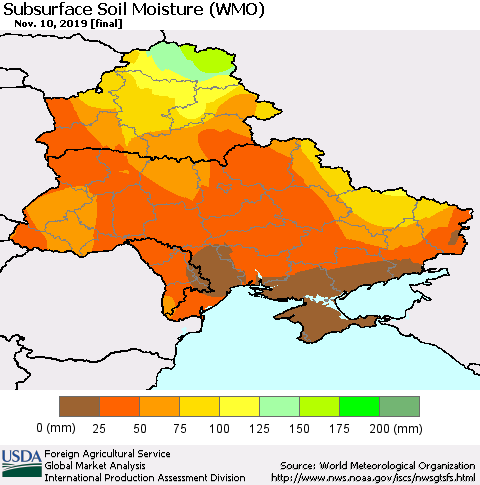 Ukraine, Moldova and Belarus Subsurface Soil Moisture (WMO) Thematic Map For 11/4/2019 - 11/10/2019