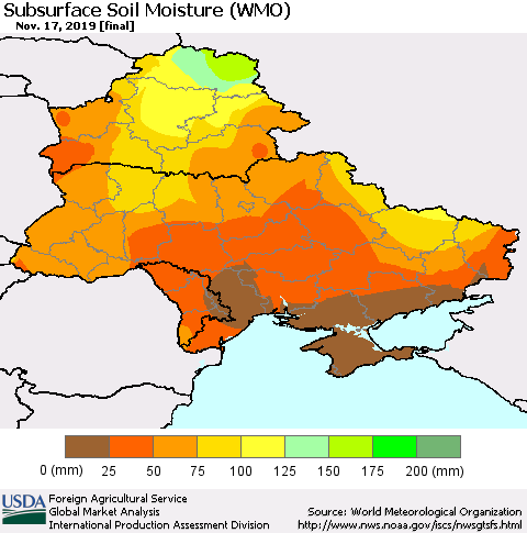 Ukraine, Moldova and Belarus Subsurface Soil Moisture (WMO) Thematic Map For 11/11/2019 - 11/17/2019