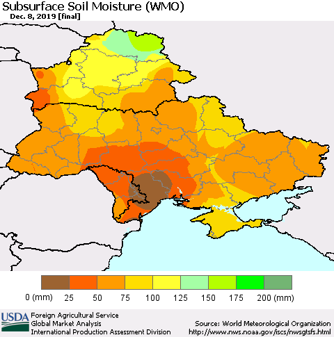 Ukraine, Moldova and Belarus Subsurface Soil Moisture (WMO) Thematic Map For 12/2/2019 - 12/8/2019