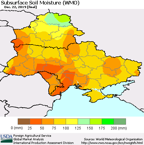 Ukraine, Moldova and Belarus Subsurface Soil Moisture (WMO) Thematic Map For 12/16/2019 - 12/22/2019