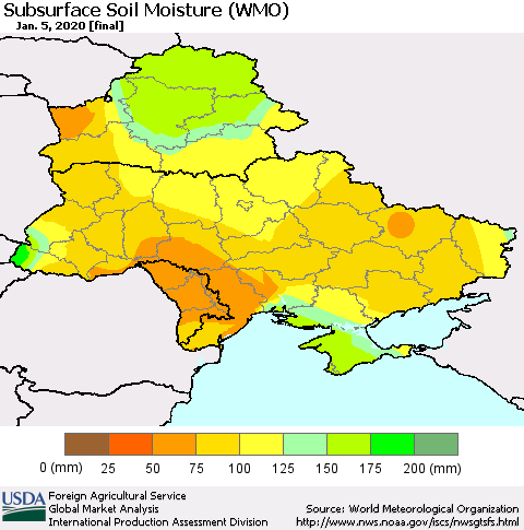 Ukraine, Moldova and Belarus Subsurface Soil Moisture (WMO) Thematic Map For 12/30/2019 - 1/5/2020