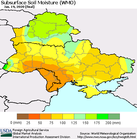 Ukraine, Moldova and Belarus Subsurface Soil Moisture (WMO) Thematic Map For 1/13/2020 - 1/19/2020