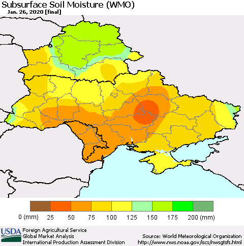 Ukraine, Moldova and Belarus Subsurface Soil Moisture (WMO) Thematic Map For 1/20/2020 - 1/26/2020