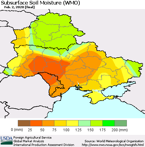 Ukraine, Moldova and Belarus Subsurface Soil Moisture (WMO) Thematic Map For 1/27/2020 - 2/2/2020