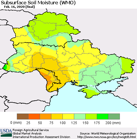 Ukraine, Moldova and Belarus Subsurface Soil Moisture (WMO) Thematic Map For 2/10/2020 - 2/16/2020