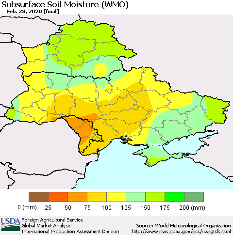 Ukraine, Moldova and Belarus Subsurface Soil Moisture (WMO) Thematic Map For 2/17/2020 - 2/23/2020
