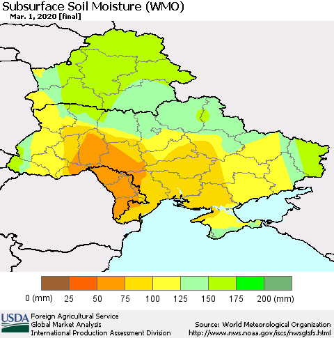 Ukraine, Moldova and Belarus Subsurface Soil Moisture (WMO) Thematic Map For 2/24/2020 - 3/1/2020