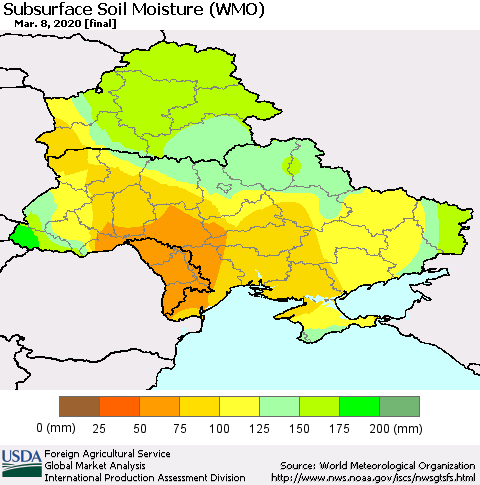 Ukraine, Moldova and Belarus Subsurface Soil Moisture (WMO) Thematic Map For 3/2/2020 - 3/8/2020