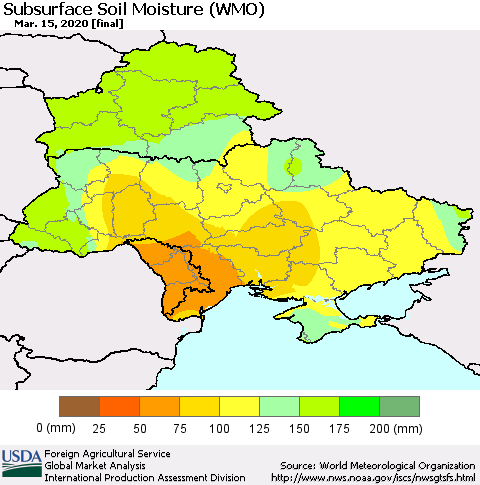 Ukraine, Moldova and Belarus Subsurface Soil Moisture (WMO) Thematic Map For 3/9/2020 - 3/15/2020