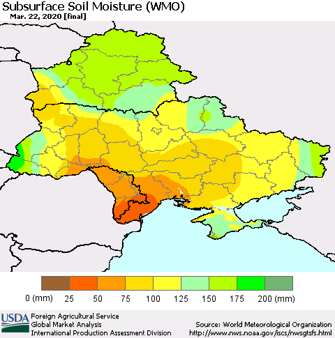 Ukraine, Moldova and Belarus Subsurface Soil Moisture (WMO) Thematic Map For 3/16/2020 - 3/22/2020