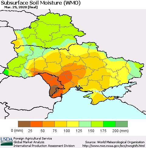 Ukraine, Moldova and Belarus Subsurface Soil Moisture (WMO) Thematic Map For 3/23/2020 - 3/29/2020
