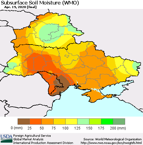 Ukraine, Moldova and Belarus Subsurface Soil Moisture (WMO) Thematic Map For 4/13/2020 - 4/19/2020