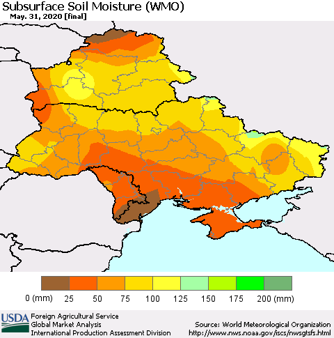 Ukraine, Moldova and Belarus Subsurface Soil Moisture (WMO) Thematic Map For 5/25/2020 - 5/31/2020