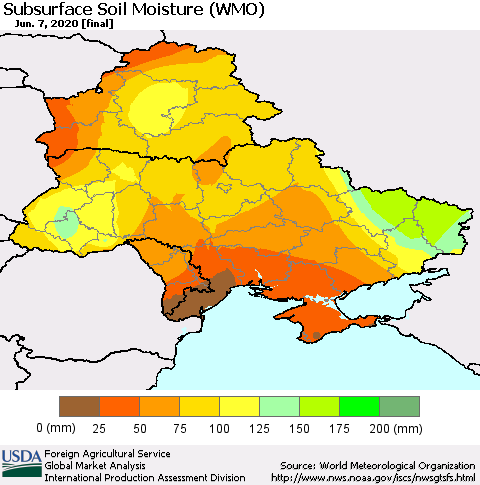 Ukraine, Moldova and Belarus Subsurface Soil Moisture (WMO) Thematic Map For 6/1/2020 - 6/7/2020