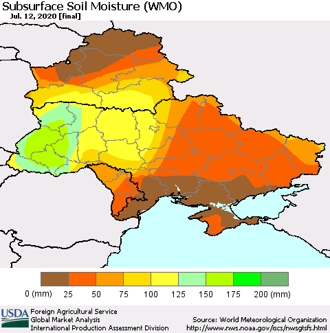 Ukraine, Moldova and Belarus Subsurface Soil Moisture (WMO) Thematic Map For 7/6/2020 - 7/12/2020
