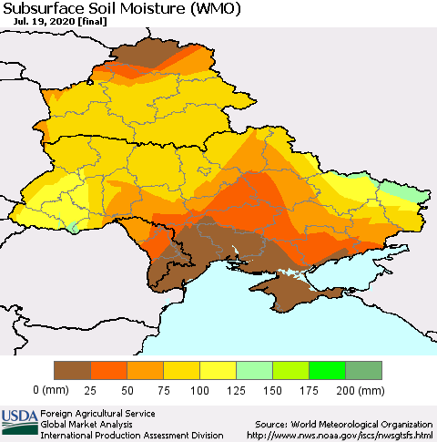 Ukraine, Moldova and Belarus Subsurface Soil Moisture (WMO) Thematic Map For 7/13/2020 - 7/19/2020