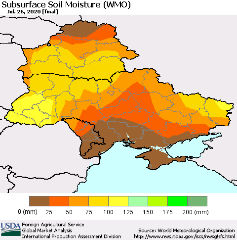 Ukraine, Moldova and Belarus Subsurface Soil Moisture (WMO) Thematic Map For 7/20/2020 - 7/26/2020