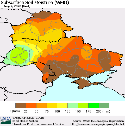 Ukraine, Moldova and Belarus Subsurface Soil Moisture (WMO) Thematic Map For 7/27/2020 - 8/2/2020