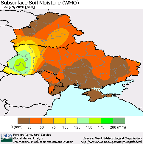 Ukraine, Moldova and Belarus Subsurface Soil Moisture (WMO) Thematic Map For 8/3/2020 - 8/9/2020