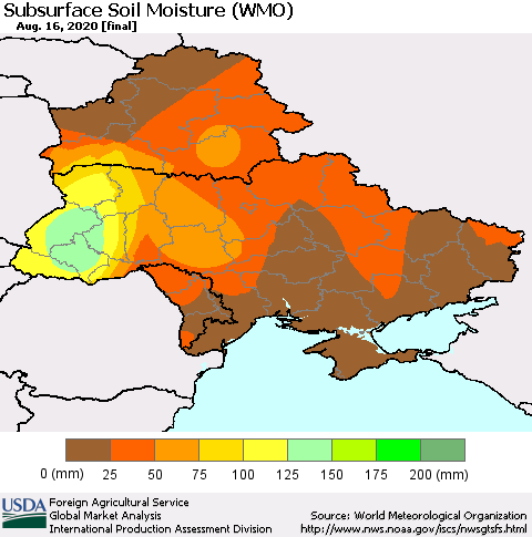 Ukraine, Moldova and Belarus Subsurface Soil Moisture (WMO) Thematic Map For 8/10/2020 - 8/16/2020