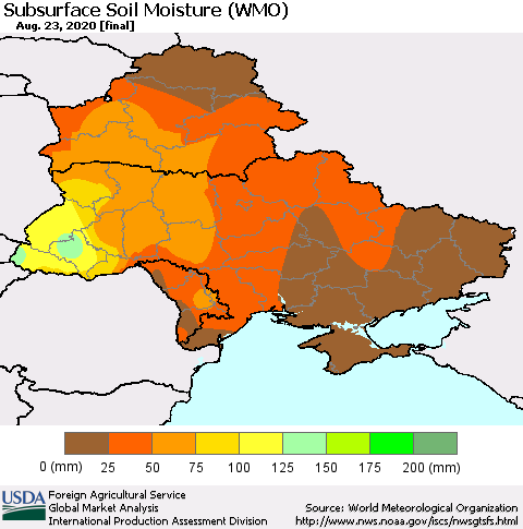 Ukraine, Moldova and Belarus Subsurface Soil Moisture (WMO) Thematic Map For 8/17/2020 - 8/23/2020