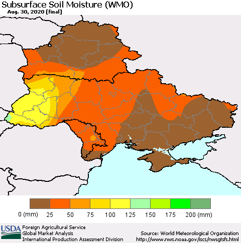 Ukraine, Moldova and Belarus Subsurface Soil Moisture (WMO) Thematic Map For 8/24/2020 - 8/30/2020