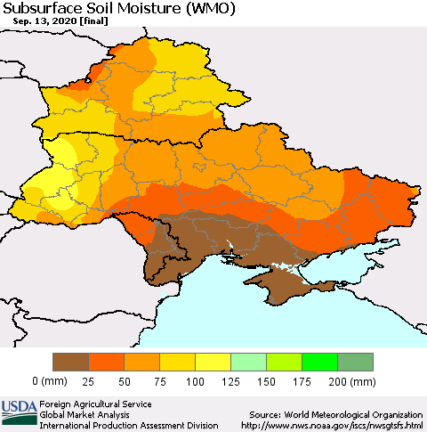 Ukraine, Moldova and Belarus Subsurface Soil Moisture (WMO) Thematic Map For 9/7/2020 - 9/13/2020