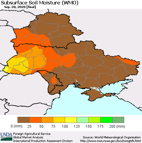 Ukraine, Moldova and Belarus Subsurface Soil Moisture (WMO) Thematic Map For 9/14/2020 - 9/20/2020